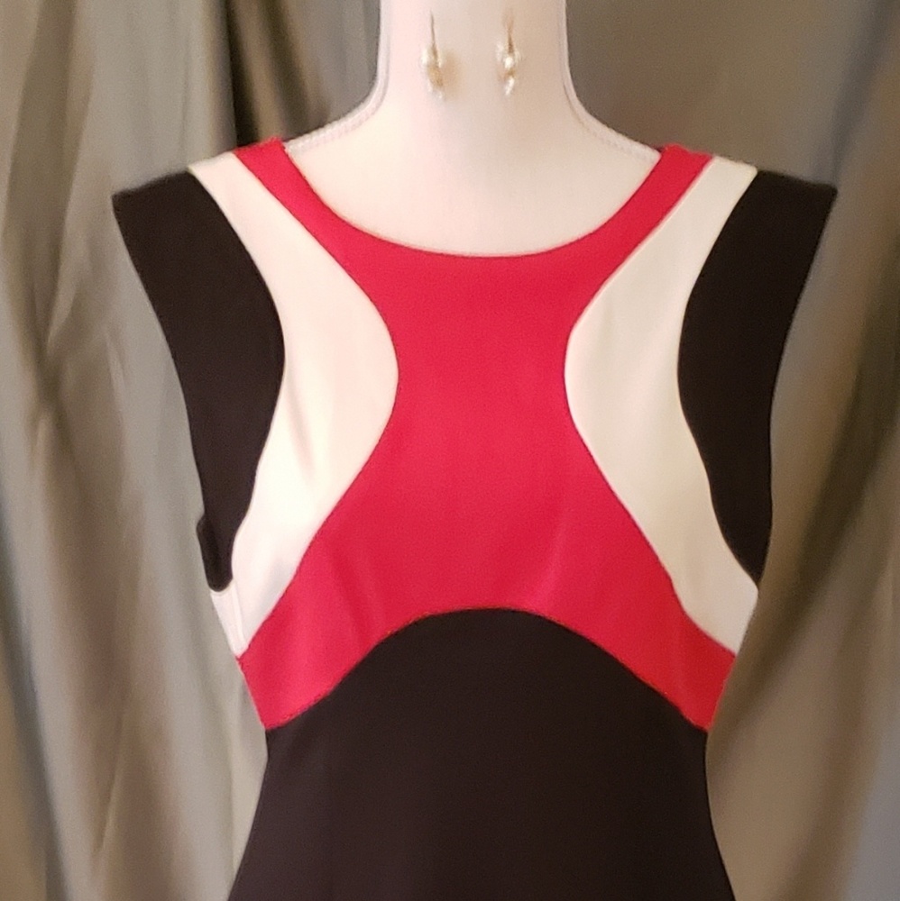 Trina Turk dress with gold tone earrings